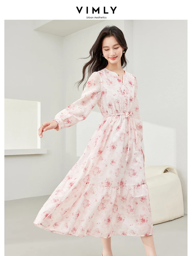 Vimly French Style V-neck Floral Chiffon Dress Woman 2024 Spring Elastic Waist Lace-up Puff Sleeve A-line Midi Dresses M6118