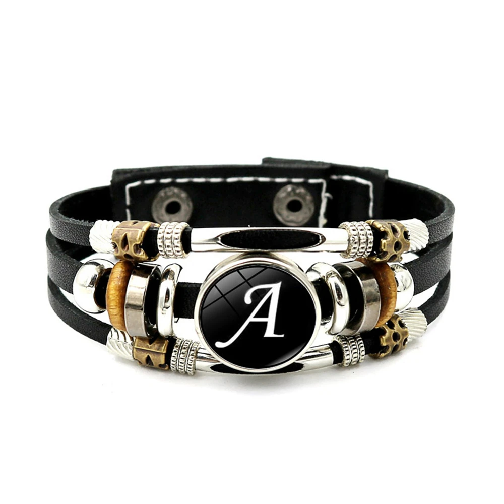 26 Letter A-Z Charms for Bracelets ID Name Friendship Black Braided Multilayer Punk Leather Bracelet Men Women Kids Family Gifts