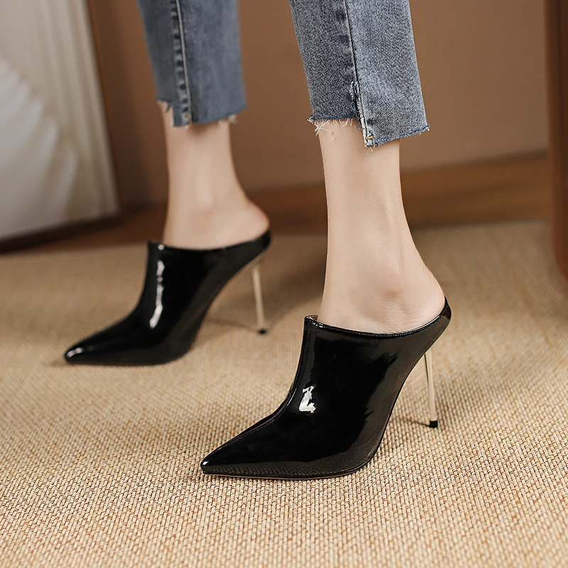 Silver Women\'s Slippers Sexy Mules Shoes For Women High Heels Sandals Pointed Toe Slides Party Shoes Female Black Large Size 45