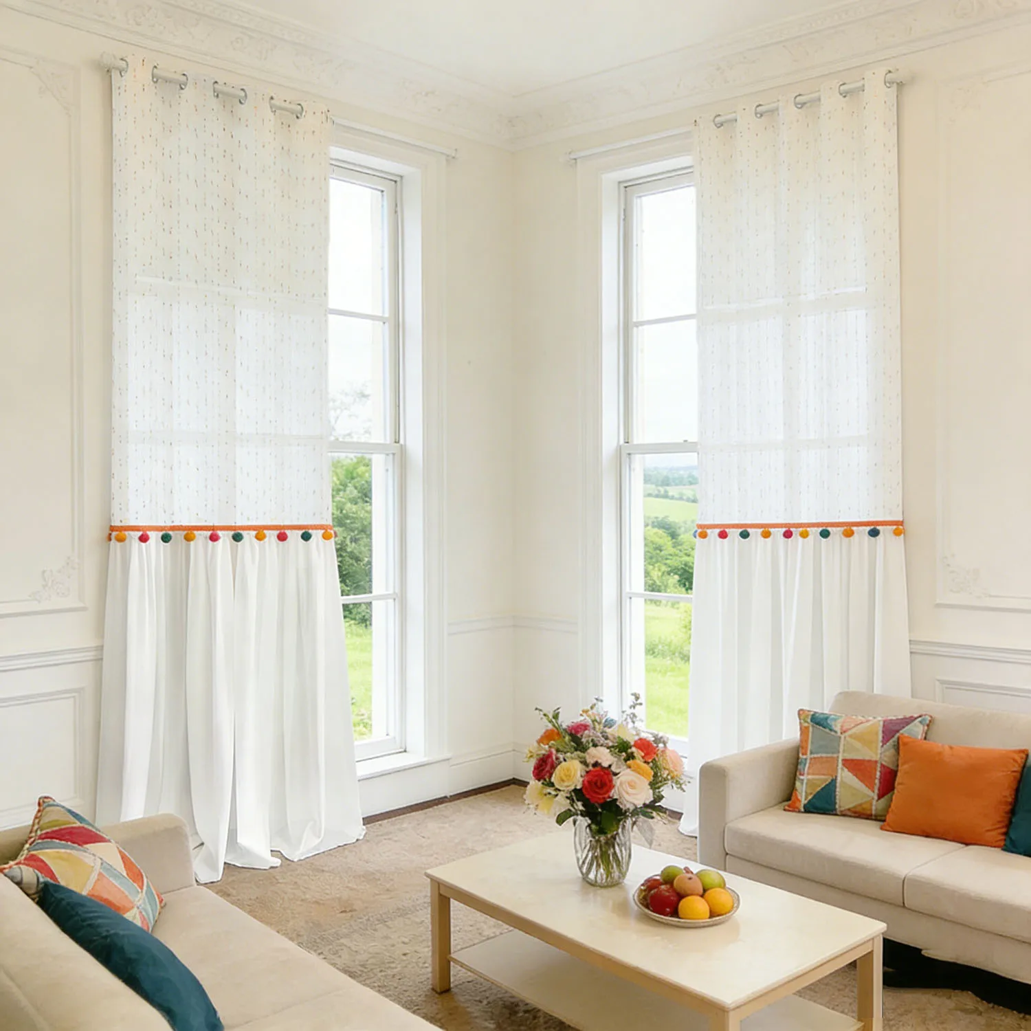 Striped Sheer Curtains with Colorful Pompoms, French Elegant Light Filtering Curtains for Living Room, Bedroom, Rings Curtains