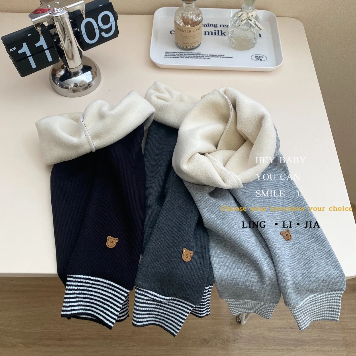 Korean Autumn Winter Kid Boy Leggings Cotton Plus Velvet Children Boy Basic Pant Bear Solid Striped Elastic Hem Kid Boy Trousers