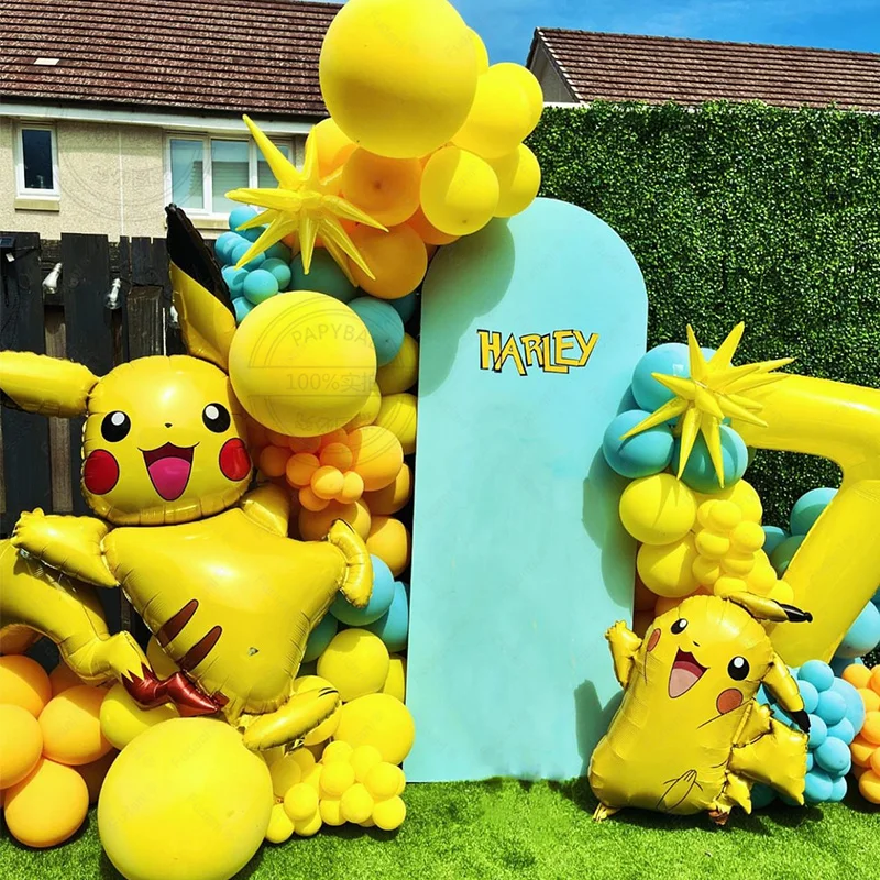 

122PCS Yellow Latex Balloon Arch Large Pikachu Theme Set With 22inch Exploding Star Gold Number Boy Girl Birthday Party Favors