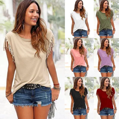 T Shirt Women 2025 New Casual Solid Color round-neck short-sleeved Fringed Knotted T-shirt Top Tshirt Clothing QYY89801