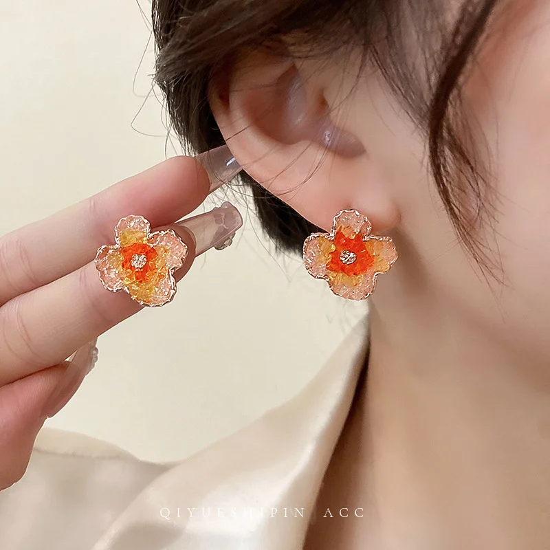 Sweet Gradient Crystal Flower Earrings For Women Personality Green/Red/Orange Irregular Floral Forest Stud Earrings Jewelry Gift