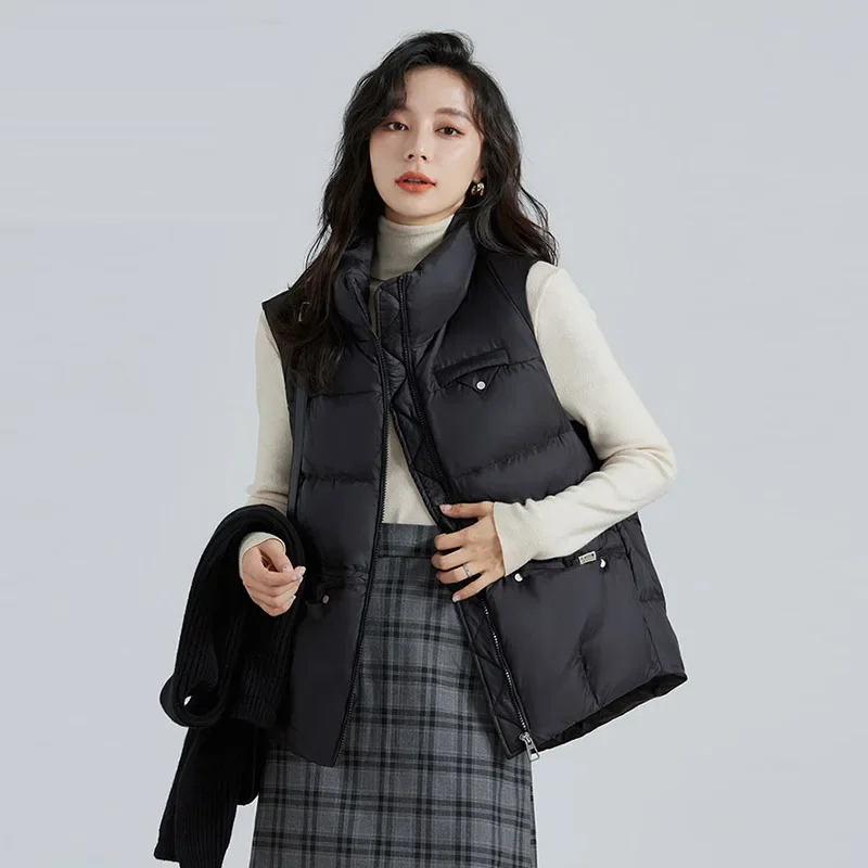 

Autumn Winter Women Down Jacket Sleeveless Cardigan Vest White Duck Down Warm Puffer Jacket Chic Design Short Tops Zipper Pocket