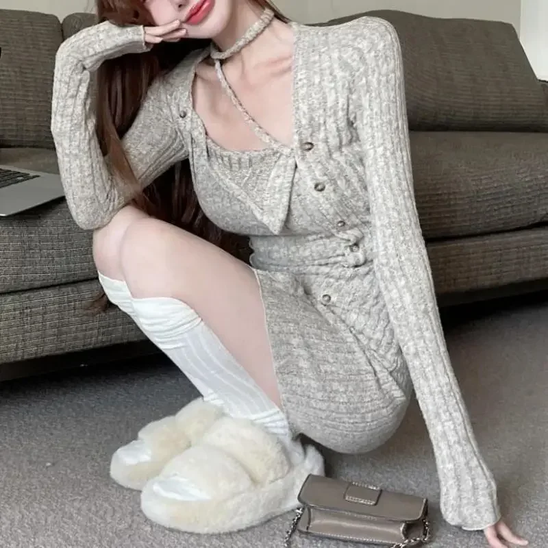 

Autumn Winter Irregular Knit Dress For Women Sexy Fashion New Collar Show Slim Waist Dresses Ins Korean Button Vestido Y2K 2023