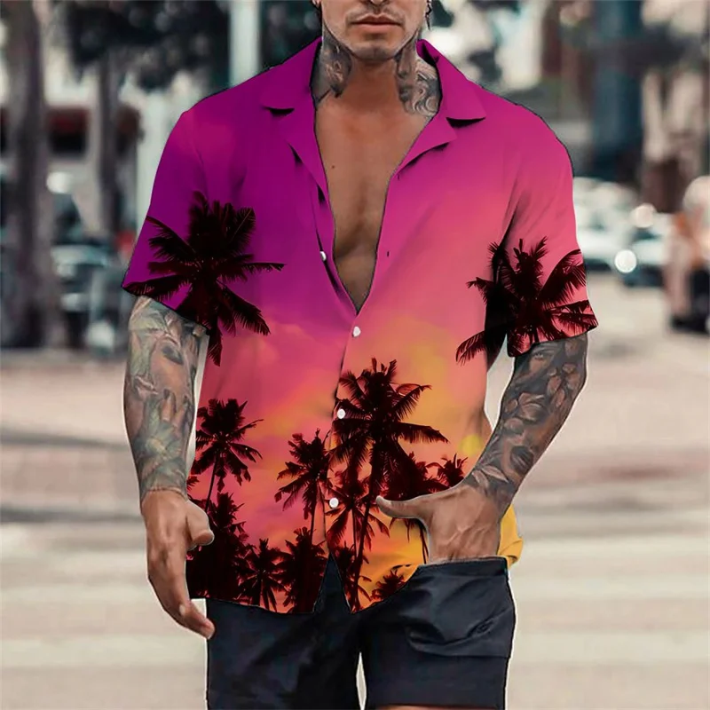 Hawaiian Coconut Tree 3D Printed Oversized Men's Beach Shirts Loose Tees Casual Style Short Sleeve Clothes Fashion Tops Blouse