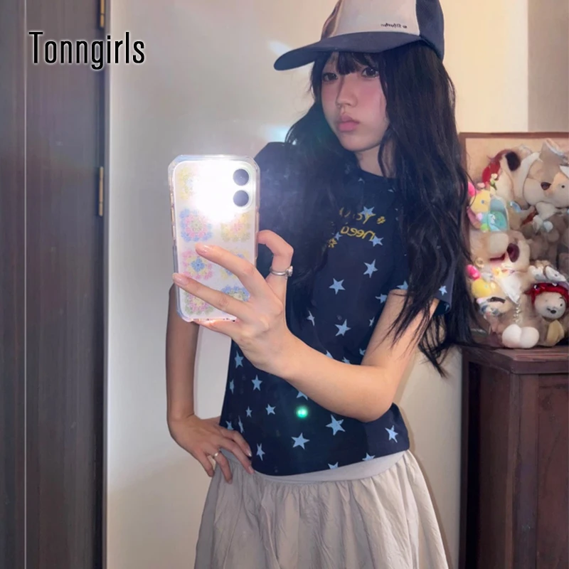 Женская футболка Tonngirls в корейском стиле с принтом, укороченный топ с коротким рукавом, винтажный графический топ Y2K, японские футболки в стиле Fairycore 2000-х годов