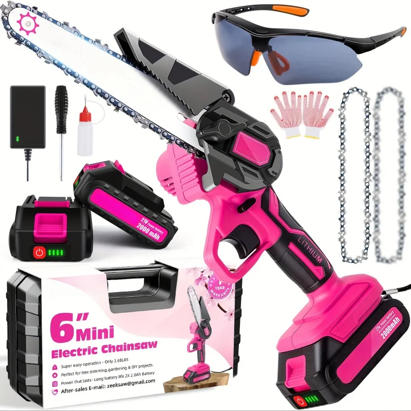 Pink mini chainsaw 6 inch wireless electric handheld chainsaw battery powered with power indicator light