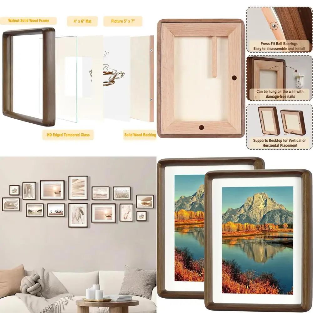 

Набор из 2-х премиальных фоторамок 5x7 - массив орехового дерева, HD-стекло, с матовым покрытием или без рамки, для настенного или настольного использования.