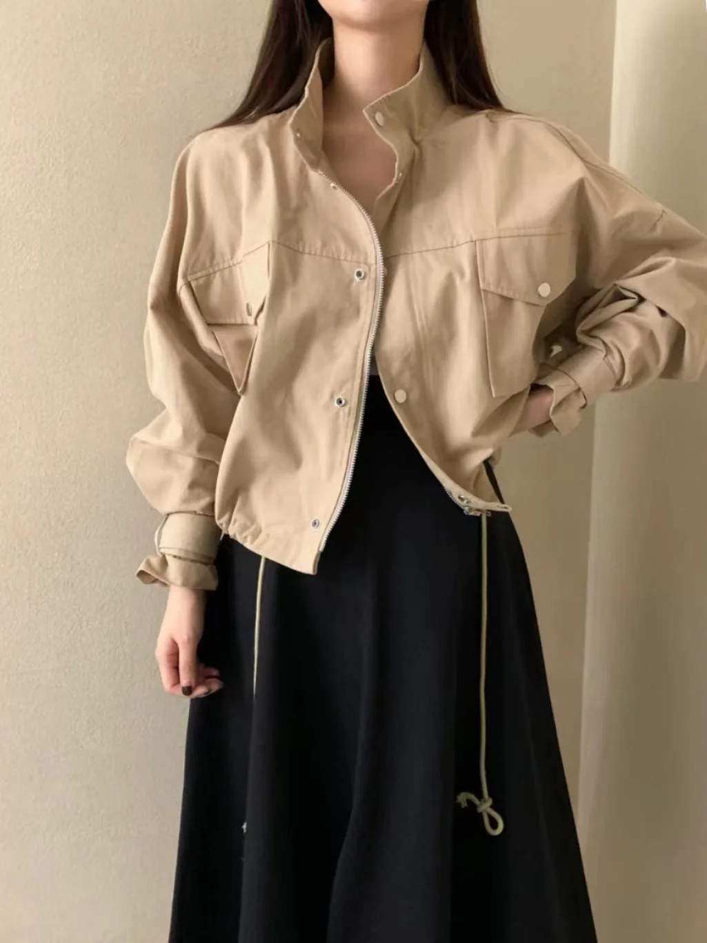 

Women's ket Workwear Sle Jaet ort Loose Fit Slimming Stand Collar Dstring Hem Cuffed Sve Coat Commute Faion