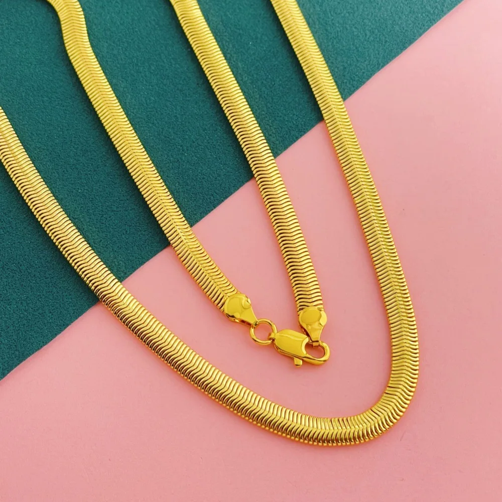 6MM Snake Bone Flat Necklace Women's 24K Gold AU999 - Neckline-enhancing flat chain, stunning highlight for small banquets