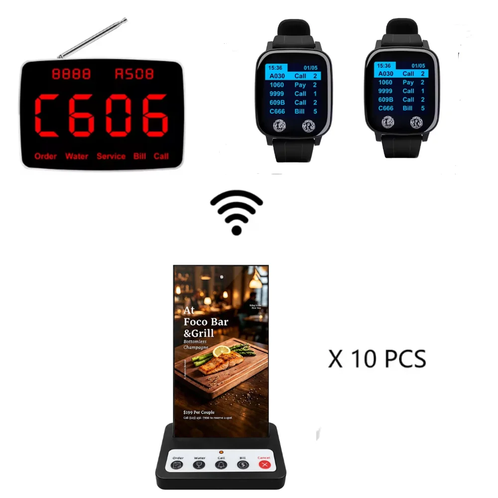 Wireless Waiter Calling System 1 Display Receiver 2pcs Vibration Wrist Watch 1 Call Button Pager Set for Restaurant Cafe