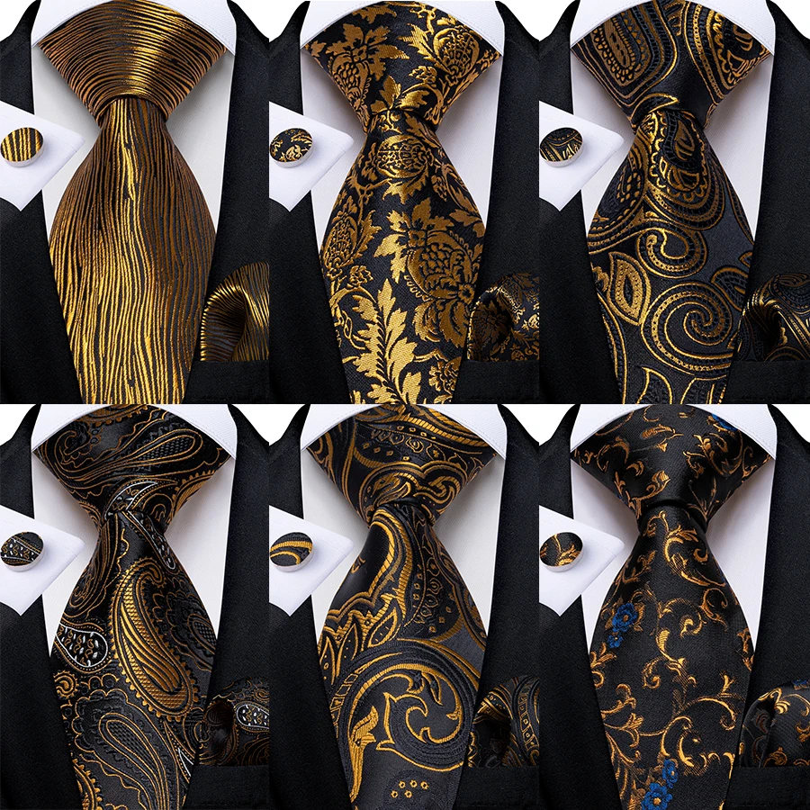 Luxury Black Gold Paisley Striped Floral Silk Men's Tie Set Handkerchief Cufflinks Wedding Party Accessories Groom Gift for Men