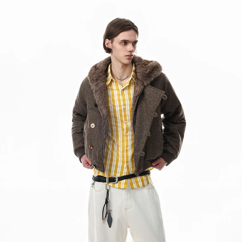 American Solid Color Hooded Jacket Coarse Floral Pattern Cotton Jacket Men Women Same Style Collar Multi Button Design Splicing