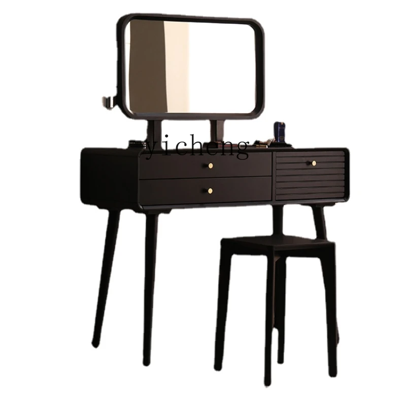 

Zk Dresser Solid Wood Small Apartment Makeup Table Modern Household Bedroom with Mirror Dresser Black