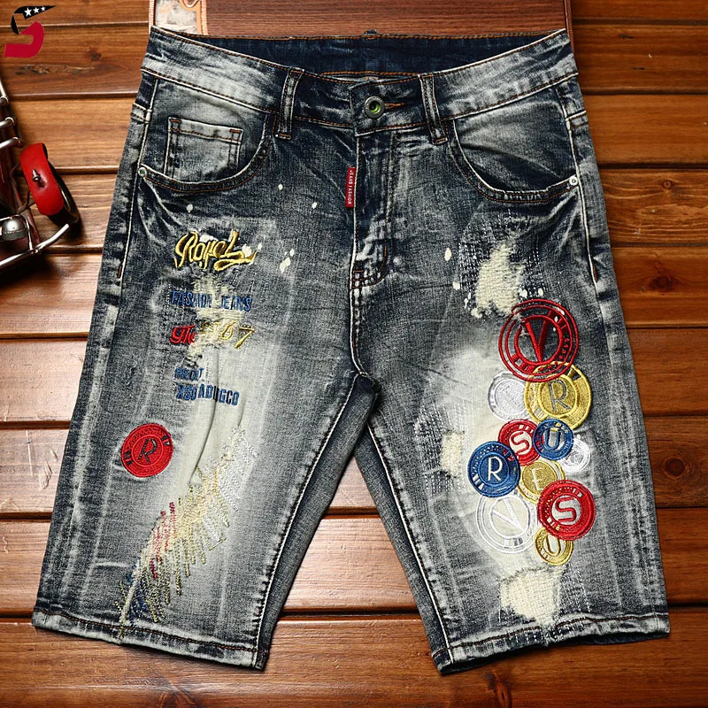 High-End Trendy Embroidery Denim Shorts Men\'s Hole & Patch Personalized Stretch Slim Fit Fashion Casual Motorcycle Fifth Pants