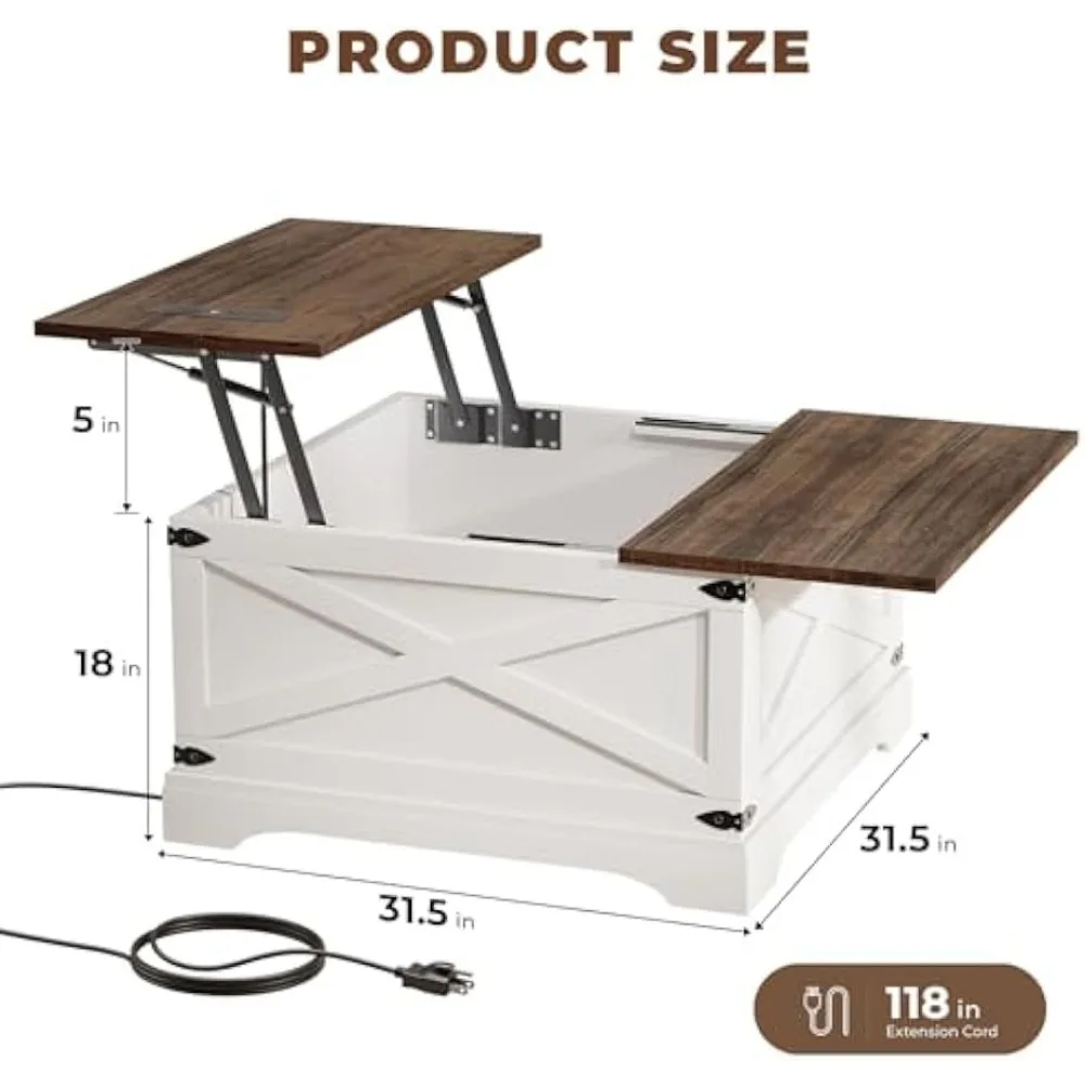 Mesa de centro elevable, mesa de centro cuadrada para sala de estar con carga inalámbrica, mesas de centro de granja con almacenamiento oculto