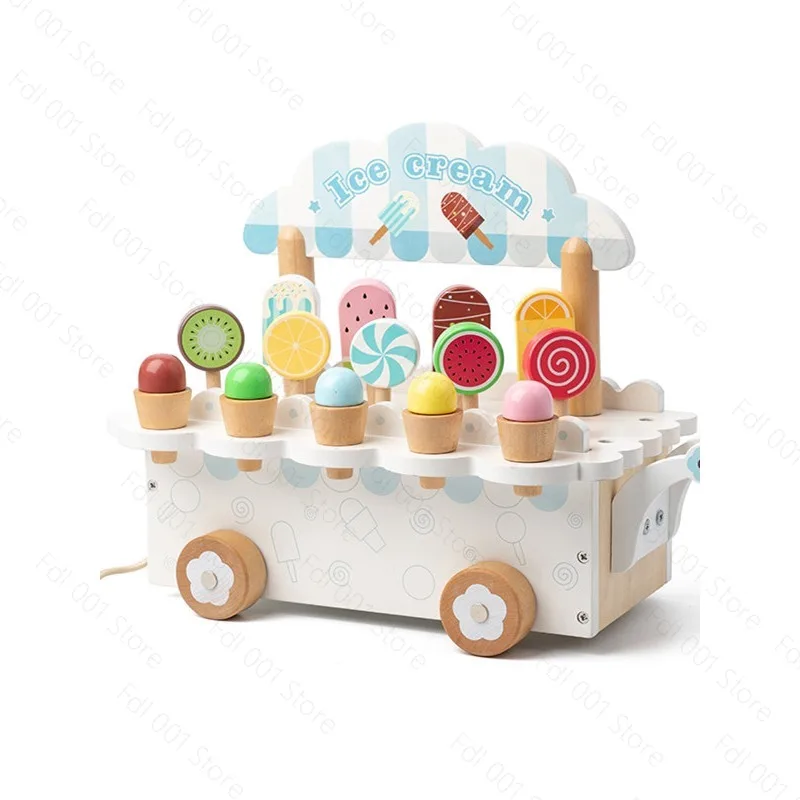 Wooden Ice Cream Cart Toy Food Set for Kids Ages 3-8 Boys Girls Pretend Play