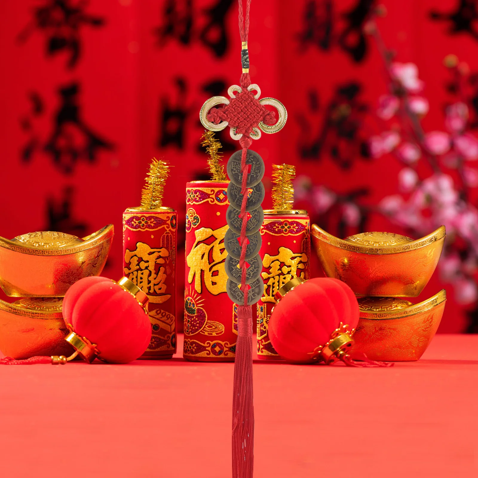 

2Pcs Feng Shui Coins Hanging Ornaments Chinese New Year Copper Knot Pendants Red Tassel Lucky Charms for Car Home Spring