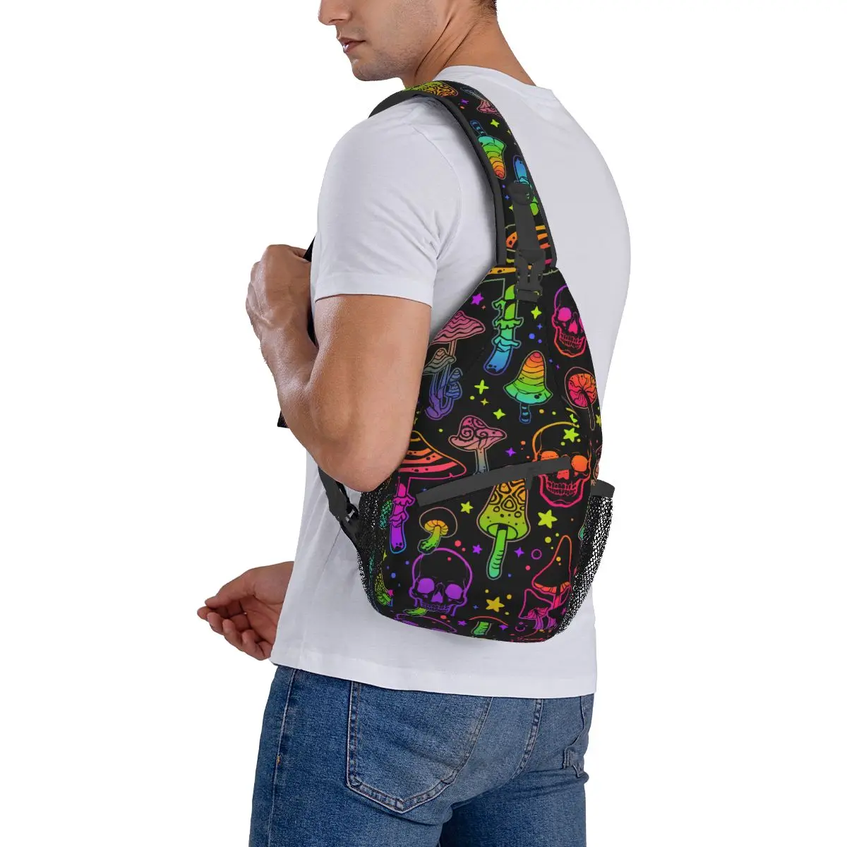 Psychedelic Mushrooms Crossbody Sling Bag Small Chest Bag Skulls Shoulder Backpack Daypack for Hiking Travel Cycling Bookbag