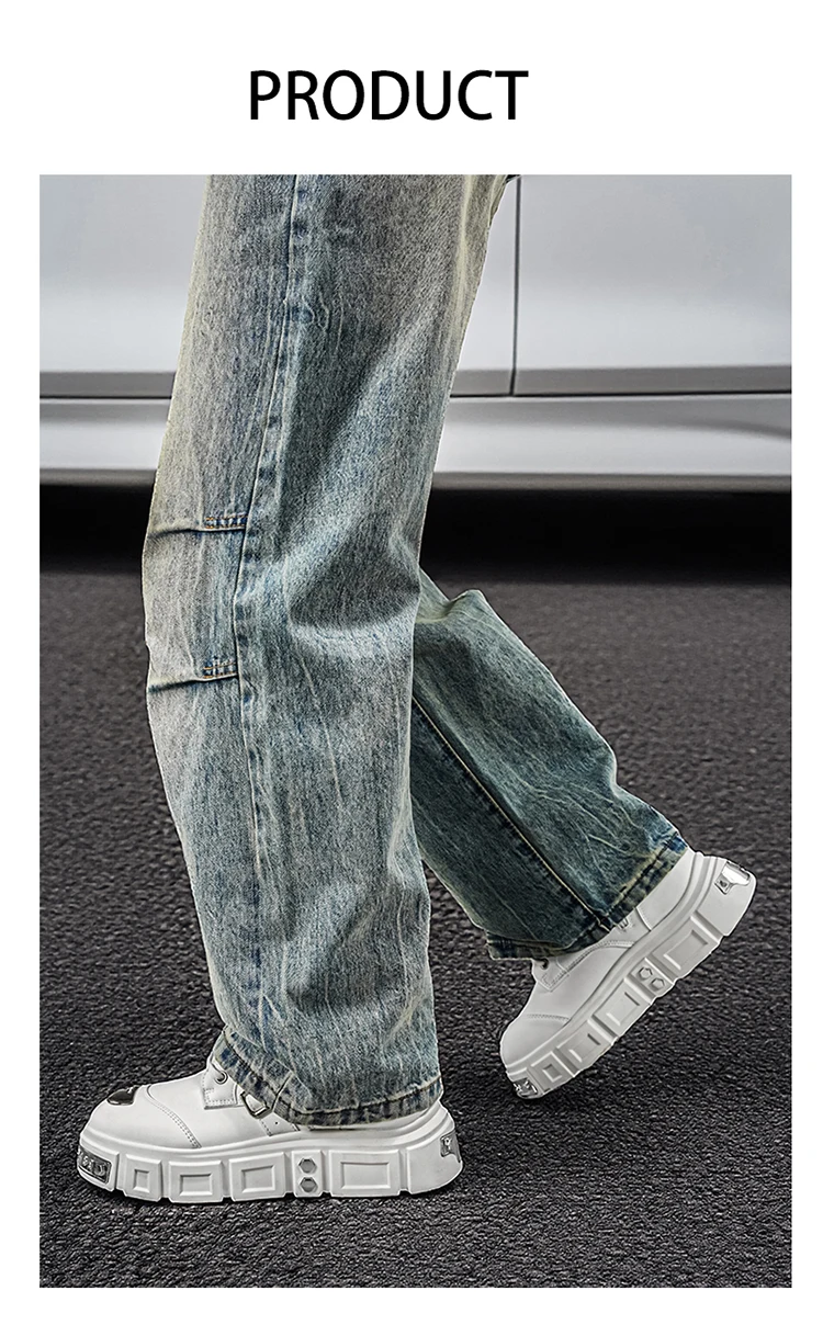 Herren-Streetwear-Stiefel in Uni-Farbe, High-Top, mit Metallschnalle, im Punk-Stil, Motorradstiefel – Detail 8