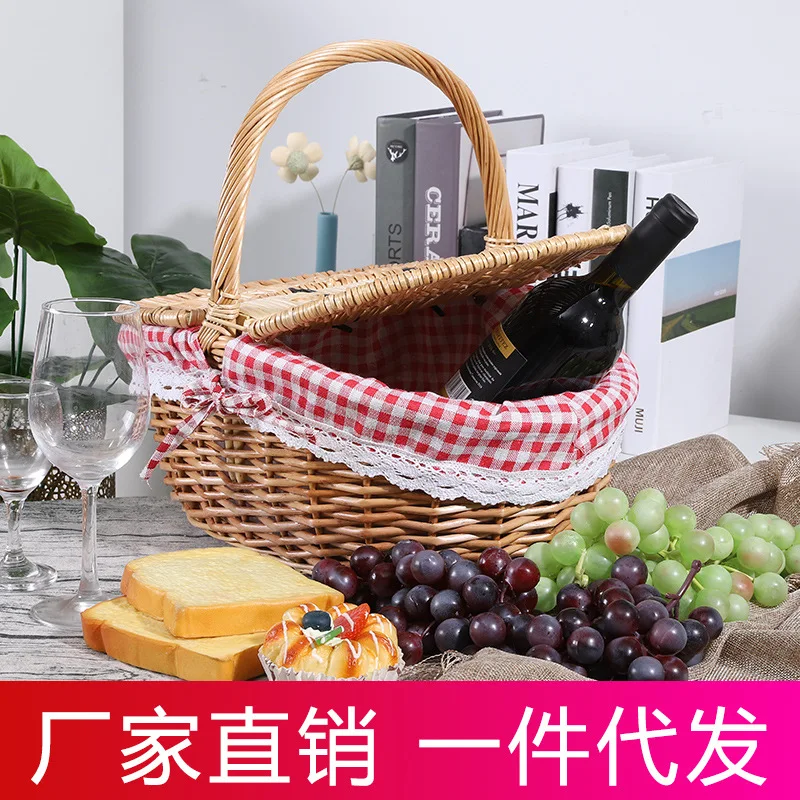 Outdoor Portable Picnic Basket Vine Weaving Storage Basket Countryside Large Elliptical Vine Weaving Storage Basket with Lid