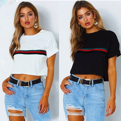 Women T-shirt Luxury Stripes Round Neck Slim Red Green Striped Wholesale Lady Summer Clothes Y2k Fashion New Black White Tops