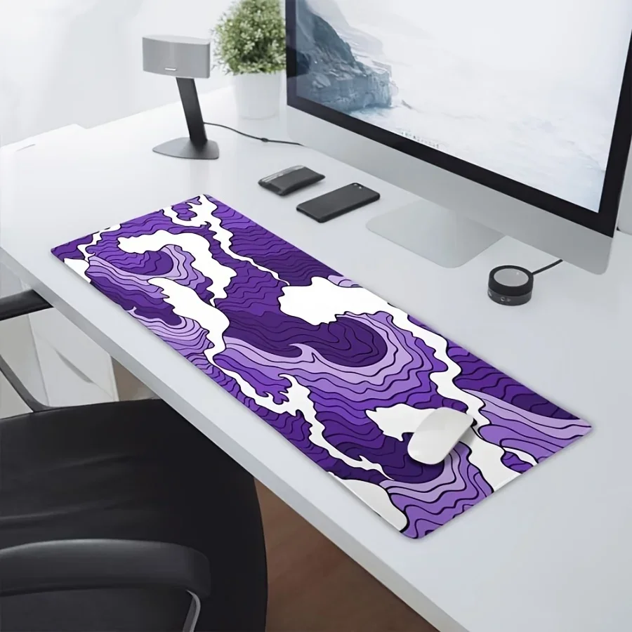 Purple Wave Gaming Mouse Pad XL Cartoon Ocean Texture Large Desk Mat Anti-Slip Rubber Stitched Edge Long Keyboard Pads Office PC