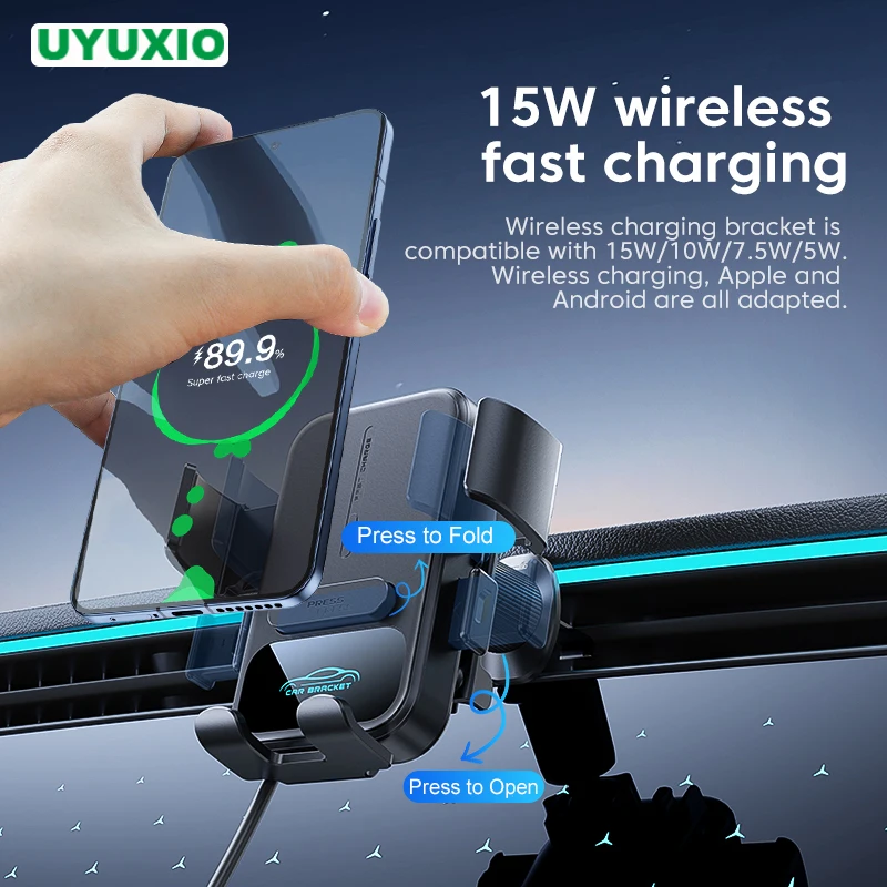 UYUXIO Air Vent Car Mount Phone Holder 15W Fast Charging Wireless Car Charger Manual Clamping for Samsung Android Phones iPhone