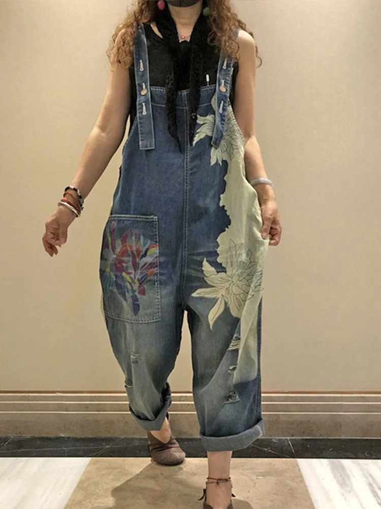 2023 Korean Females Fashion Overalls Ladies Spring Printed Denim Harem Pants Vintage Casual Jeans Womens Loose Vintage Trousers