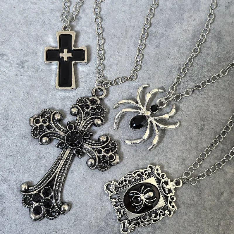 4Pcs Gothic necklace set, solid cross spider square camouflage pendant necklace, dark aesthetic jewelry