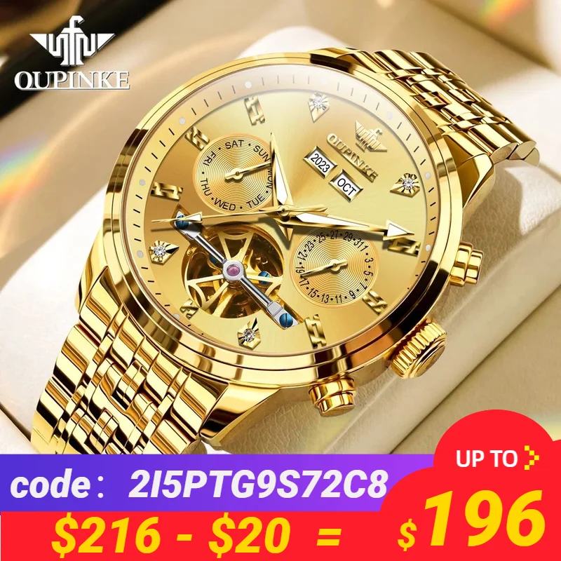 

OUPINKE Luxury Golden Automatic Mechanical Watch for Men Original Stainless steel Flywheel Skeleton Fashion Watch Reloj Hombre