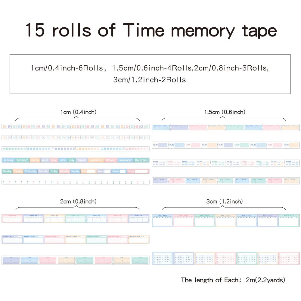 15 لفات ورق ملون ملاحظات لاصقة مجموعة الشريط 4 عرض حافة مثقوبة المسيل للدموع صندوق الشريط شهري أسبوعي مخطط الوقت الشريط مربع #6