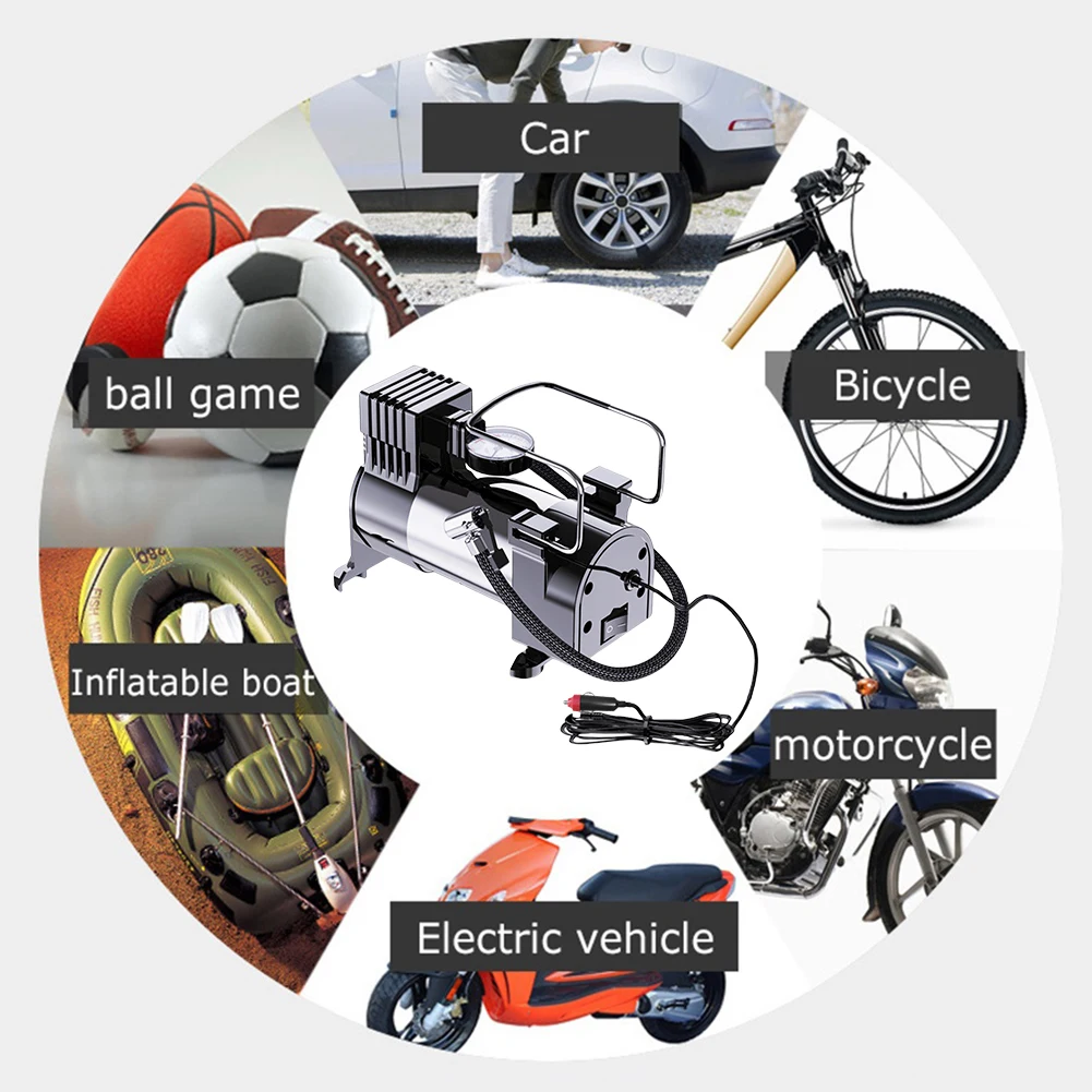 12V Car Tire Pump Cylinder Power System Car Electric Air Pump Heavy Duty Deluxe Portable Metal Air Compressor Car Tyre Inflator