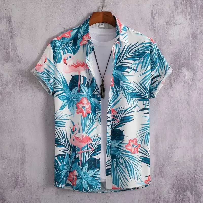 Hawaiian geometric print men's shirts, single-cut beach shirts, short-sleeved tops, men's holiday clothing, floral fashion, 2025