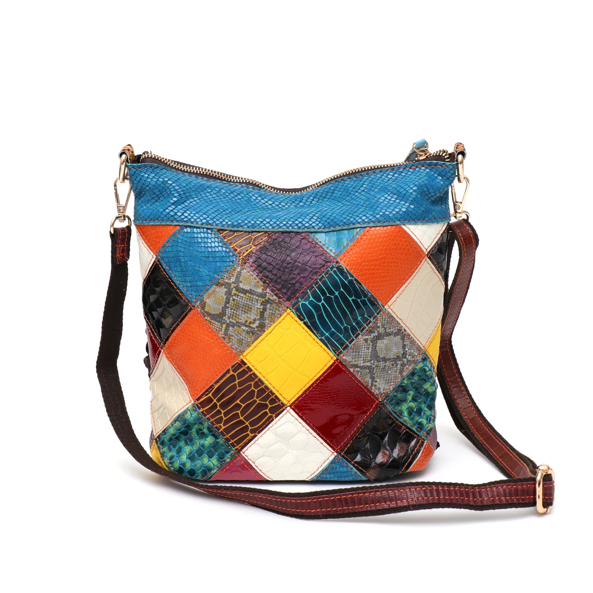 SC Vintage Colorful Leather Shoulder handbag for Women Casual Handmade Random Color Cowhide Flowers Bucket Boho Cross body Bag