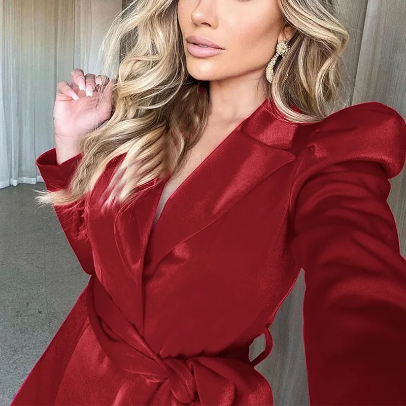 Fashion Women\'s New Solid Color Fashion Leather Waist Two-piece Casual Coat Women\'s Suit Jacket Elegant Work Clothes Suit Jacket