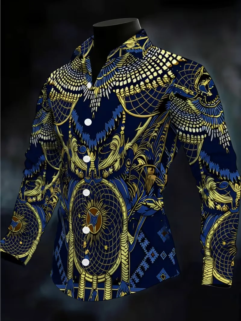 New Pink Gold Baroque Curly Grass Whirlpool Vine Printed Long Sleeve Shirt Smooth Satin Collar Men's Top