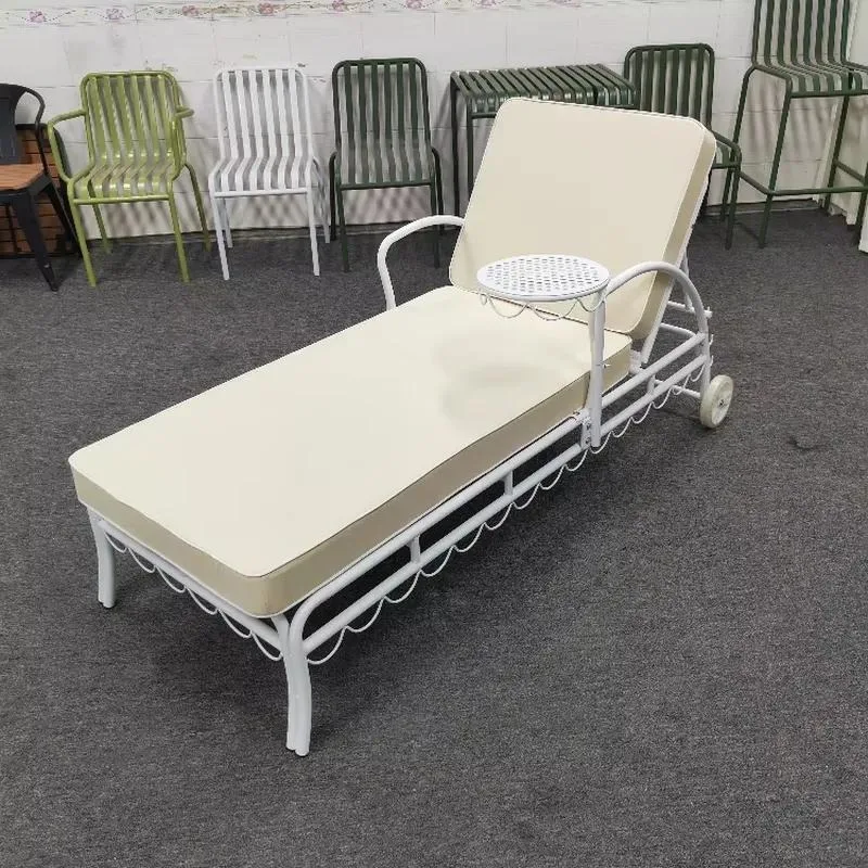 Outdoor white metal lounge chair with seat cushion, waterproof fabric, patio lounge chair, customizable color, garden sunbed,