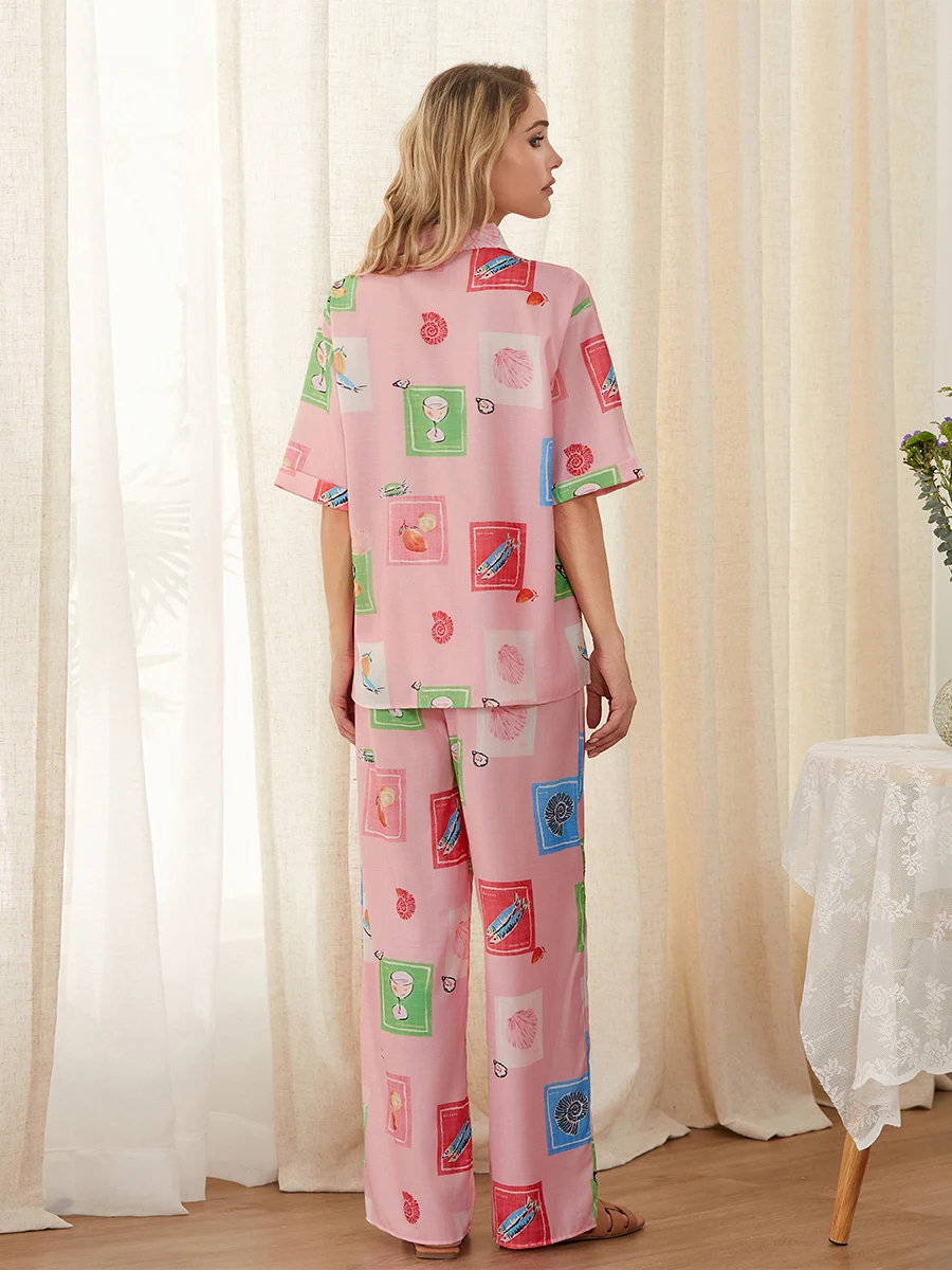 Women Pajamas Set 2 Pieces Loungewear Suits Multi Patterns Print Short Sleeve Shirts Tops and Pants Sleepwear Outfits