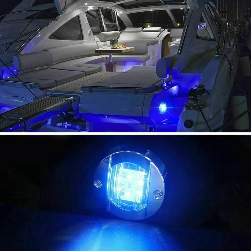 4Pcs DC 12V Round Marine Boat LED Courtesy Lights Cabin Deck Stern 6 LED Side Marker Light Navigation Light Blue