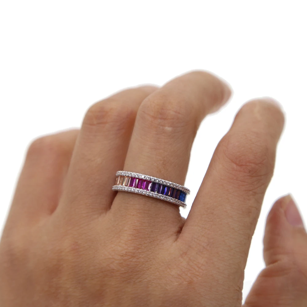Wholesale Women Band Ring With Silver Color Multi Color Zirconia Wedding Rainbow Cz Ring Paved Colorful Full Cz Stacking Rings