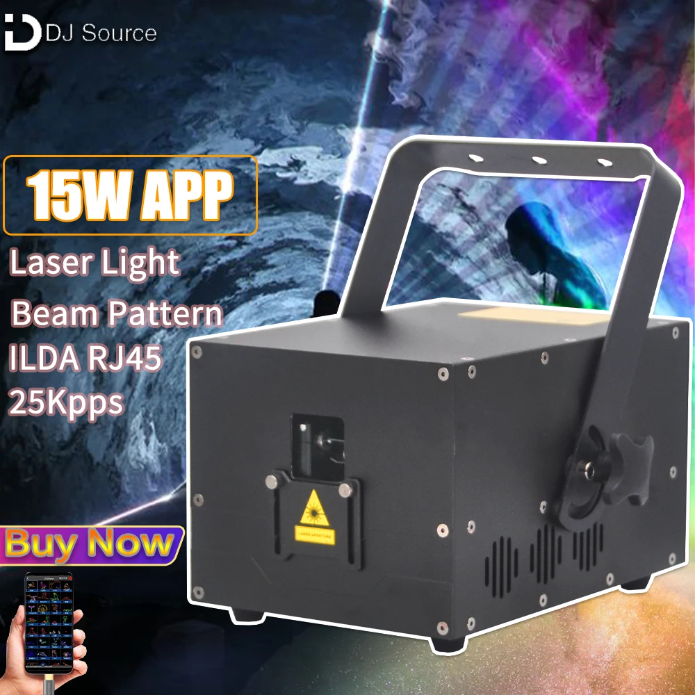 앱 제어 RGB 레이저 조명, 3D 애니메이션 빔 패턴 스캐너 프로젝터, RJ45 + ILDA 무대 조명, DMX512, DJ 디스코 파티 바, 15W