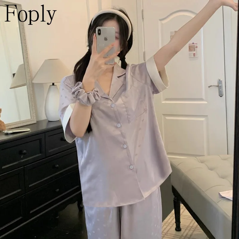 

Women Satin Silk Pajamas Set Two-piece Pj Sets Heart Print Sleepwear Loungewear Button-Down Pajama Women 2 Piece Pijama Homewear