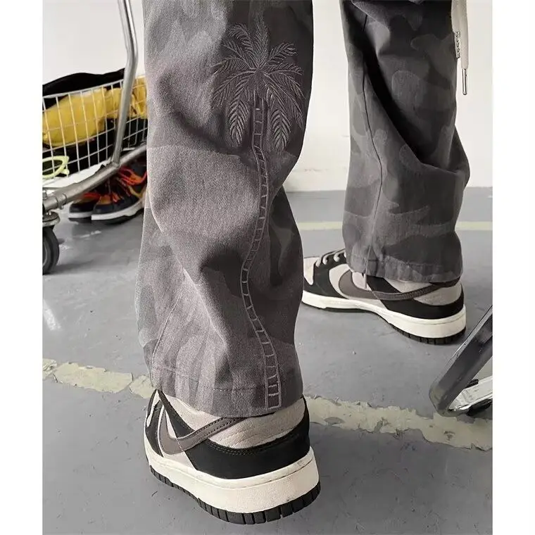 Washed Camouflage Work Pants American Retro Military Green Embroidered High Street Versatile Straight Casual Trousers