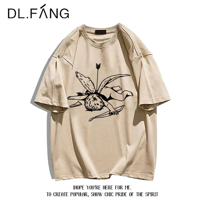 Women's Pure Cotton Fashion T-shirt Summer American Retro Cartoon Personalized Print Top Short Sleeved Lady Basic Round Neck Tee