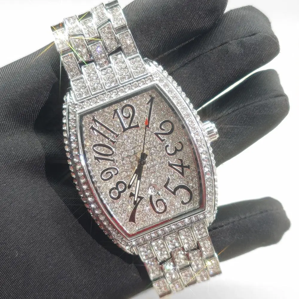 

2025 New Diamond Watch For Men Luxury Tonneau Stainless Steel Hip Hop Watches Unique Bling Ice Out Waterproof Wristwatch Man