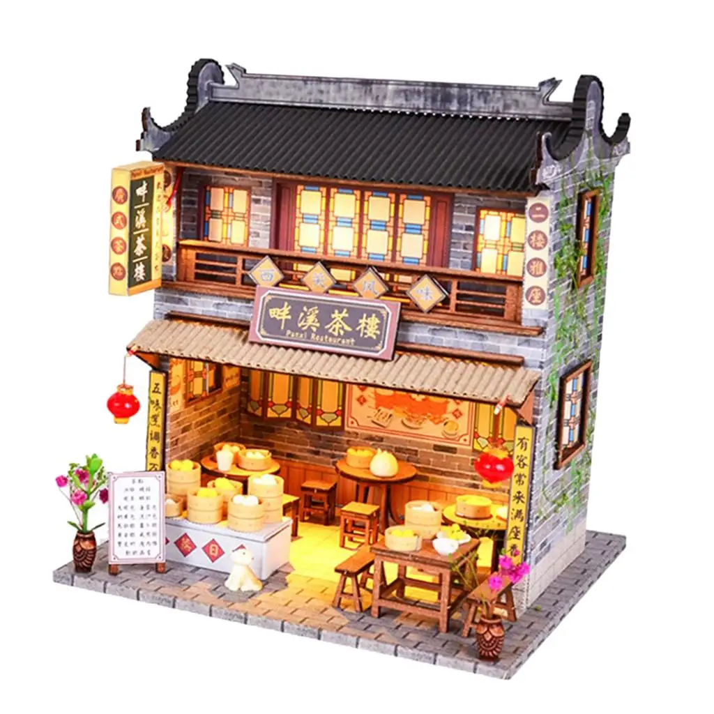 1/24 Mini Wooden Handmade Dollhouse with Vintage DIY Assembling Chinese Teahouse Miniature Crafts Toys for Children and Teens