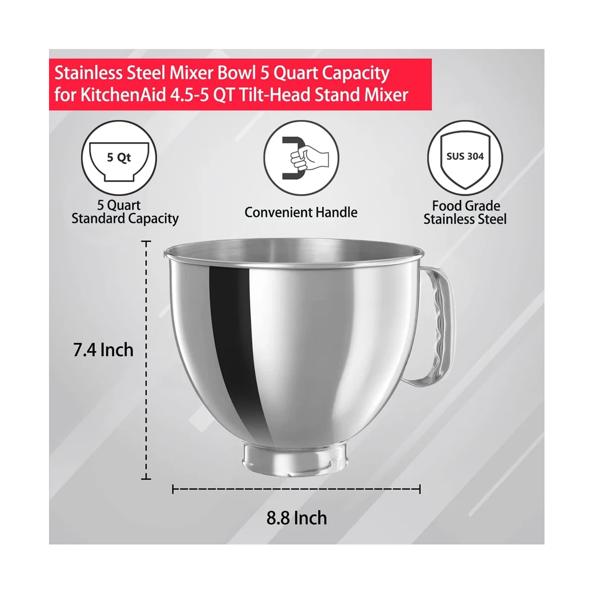 Stainless Steel Bowl for KitchenAid Classic&Artisan Series 4.5-5 QT Tilt-Head Mixer, 5 Quart 304 Stainless Steel Bowl